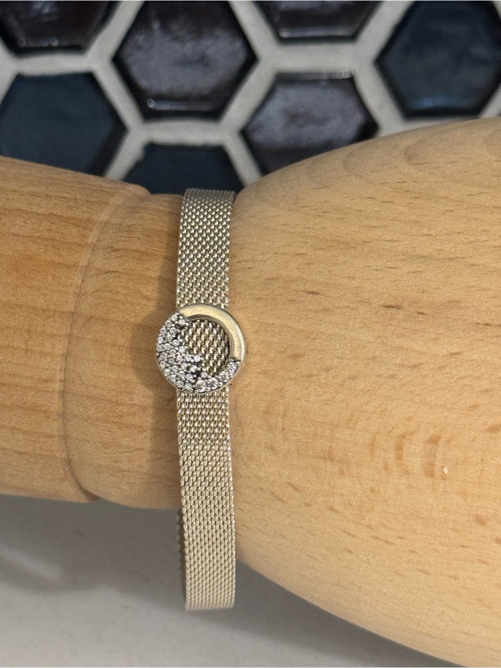 Pandora Silver Mesh Bracelet with Pavé Circle Charm 925 ALE 7.25 inches
